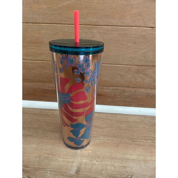 NWT Starbucks 24oz Reusable Tumbler With Lid & Straw - Tropical Floral Design - Picture 2 of 5